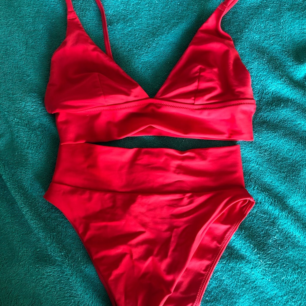 Arie, bikini top and bottom, chilly red.